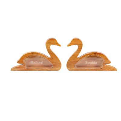 ROSI Personalized Wooden Piggy Bank Custom Swan Coin Bank Engraved Money Box Wooden Cash Bank Gift for Kids Adult Couple, Valentine's Day Christmas Birthday Home Decoration (Two Swan)