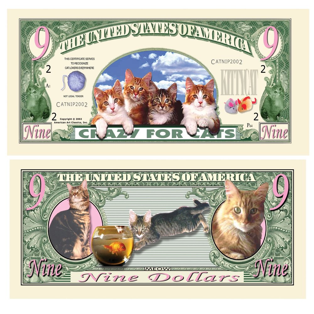 American Art Classics Pack of 100 - Crazy for Cats 9 Lives Novelty Money Collectible Bills