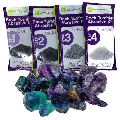 Wirejewelry Rainbow Fluorite Rock Tumbler Refill Kit - 1.5 Lbs. of Rainbow Fluorite Stone Mix and 1 Batch of 4 Step Abrasive Grit and Polish