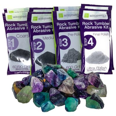 Wirejewelry Rainbow Fluorite Rock Tumbler Refill Kit - 3 Lbs. of Rainbow Fluorite Stone Mix and 2 Batches of 4 Step Abrasive Grit and Polish