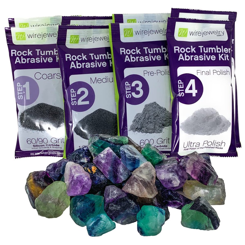 Wirejewelry Rainbow Fluorite Rock Tumbler Refill Kit - 3 Lbs. of Rainbow Fluorite Stone Mix and 2 Batches of 4 Step Abrasive Grit and Polish