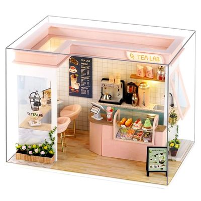 Roroom DIY Miniature and Furniture Dollhouse Kit,Mini 3D Wooden Doll House Craft Model with Dust Proof Cover and LED,Creative Room Idea for Valentine's Day Birthday Gift(Sunshine Tea Station)