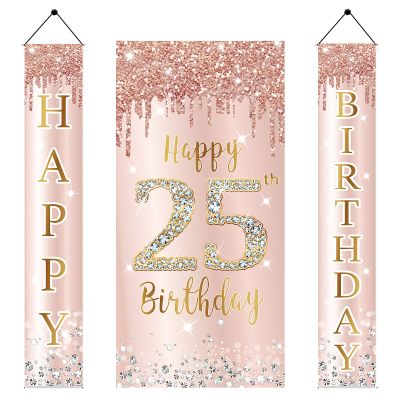25th Birthday Door Banner Decorations for Women, Pink Rose Gold 25 Birthday Backdrop Sign & Happy Birthday Porch Party Supplies, Large 25 Year Old Birthday Decor