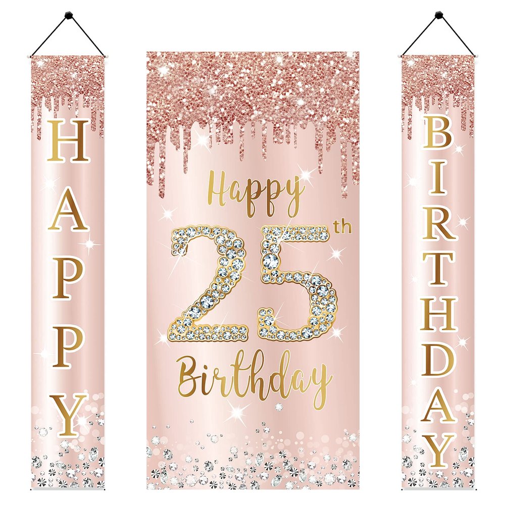 25th Birthday Door Banner Decorations for Women, Pink Rose Gold 25 Birthday Backdrop Sign & Happy Birthday Porch Party Supplies, Large 25 Year Old Birthday Decor