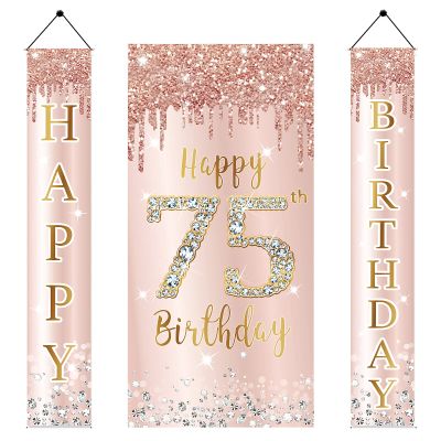 75th Birthday Door Banner Decorations for Women, Pink Rose Gold 75 Birthday Backdrop Sign & Happy Birthday Porch Party Supplies, Large 75 Year Old Birthday Decor