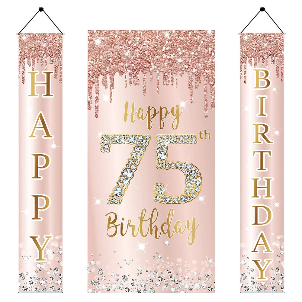 75th Birthday Door Banner Decorations for Women, Pink Rose Gold 75 Birthday Backdrop Sign & Happy Birthday Porch Party Supplies, Large 75 Year Old Birthday Decor