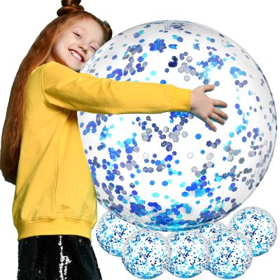 Civaner 6 Pcs Inflatable Glitter Beach Balls 24 Inch Large Sparkly Confetti Pool Balls for Holiday Party Decorations Clear Floatable Blow up for Wedding Birthday Summer Party Favor(Blue,Sequins)