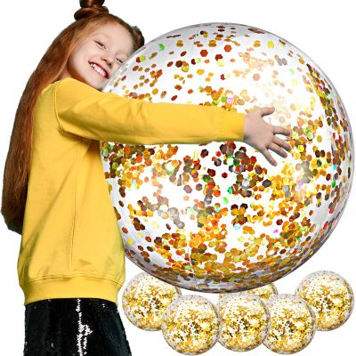 Civaner 6 Pcs Inflatable Glitter Beach Balls 24 Inch Large Sparkly Confetti Pool Balls for Holiday Party Decorations Clear Floatable Blow up for Wedding Birthday Summer Party Favor(Gold,Sequins)