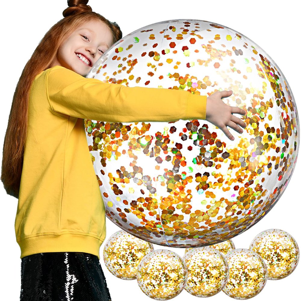Civaner 6 Pcs Inflatable Glitter Beach Balls 24 Inch Large Sparkly Confetti Pool Balls for Holiday Party Decorations Clear Floatable Blow up for Wedding Birthday Summer Party Favor(Gold,Sequins)