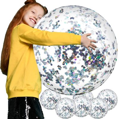 Civaner 6 Pcs Inflatable Glitter Beach Balls 24 Inch Large Sparkly Confetti Pool Balls for Holiday Party Decorations Clear Floatable Blow up for Wedding Birthday Summer Party Favor(Silver,Sequins)