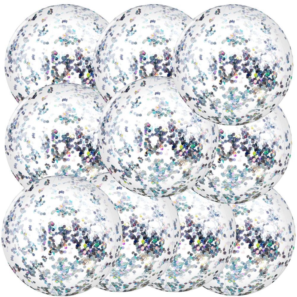 Civaner 10 Pcs Inflatable Glitter Beach Balls 16 Inch Large Sparkly Confetti Pool Balls Clear Blow up Balloon Toys for Wedding Baby Shower Birthday 2026 New Year Party Decoration(Silver,Glitter)