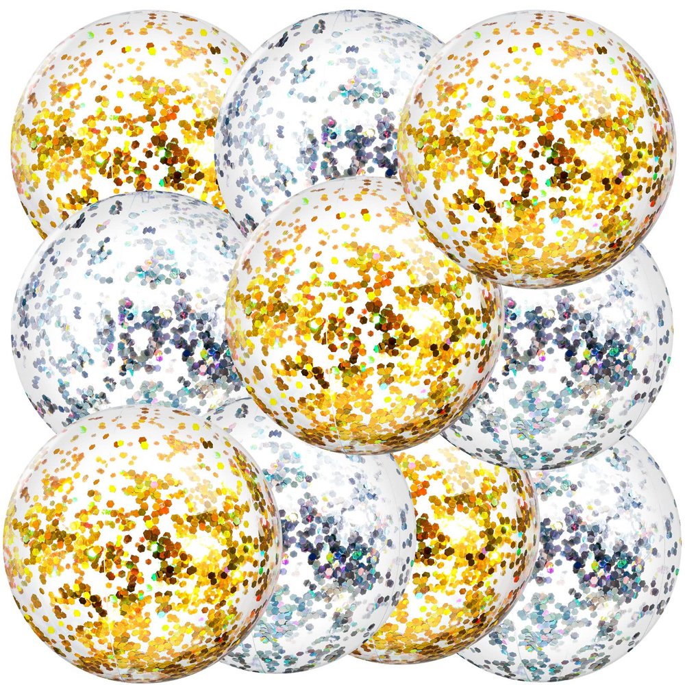Civaner 10 Pcs Inflatable Glitter Beach Balls 16 Inch Large Sparkly Confetti Pool Balls Clear Blow up Balloon Toys for Wedding Baby Shower Birthday 2026 New Year Party Decoration(Gold, Silver,Glitter)