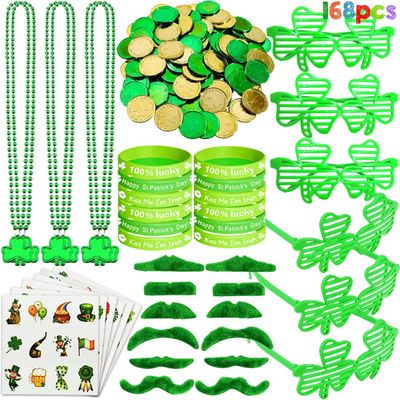 168Pcs St. Patrick's Day Party Favor Set, Include Green Beads Shamrock Necklace, Shamrock Shutter Shades Glasses, Tattoos, Mustache, Bracelets, Coins for St Patrick's Day Party Accessories Decor