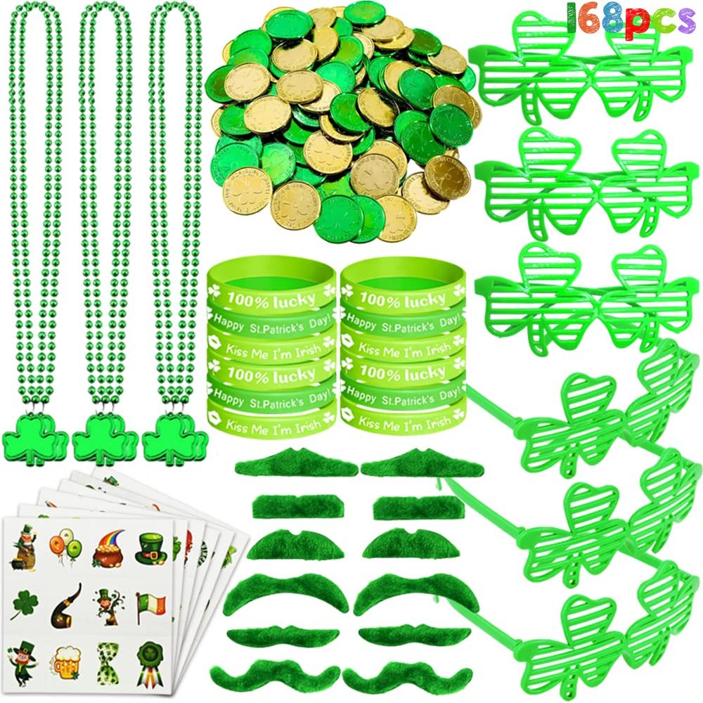 168Pcs St. Patrick's Day Party Favor Set, Include Green Beads Shamrock Necklace, Shamrock Shutter Shades Glasses, Tattoos, Mustache, Bracelets, Coins for St Patrick's Day Party Accessories Decor