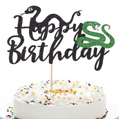 Qerleny black glitter snake cake topper snake theme happy birthday cake decoration animal theme birthday supplies decoration