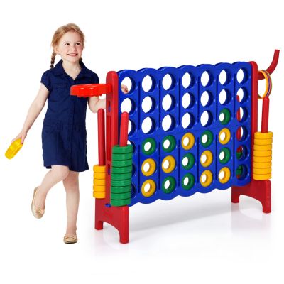 HONEY JOY Jumbo 4-to-Score Giant Game Set, 3-in-1 Indoor Outdoor Family Yard Game Set w/Basketball Hoop & Ring Toss, 42 Jumbo Rings, Quick-Release Slider, Giant 4-in-A-Row for Kids & Adults