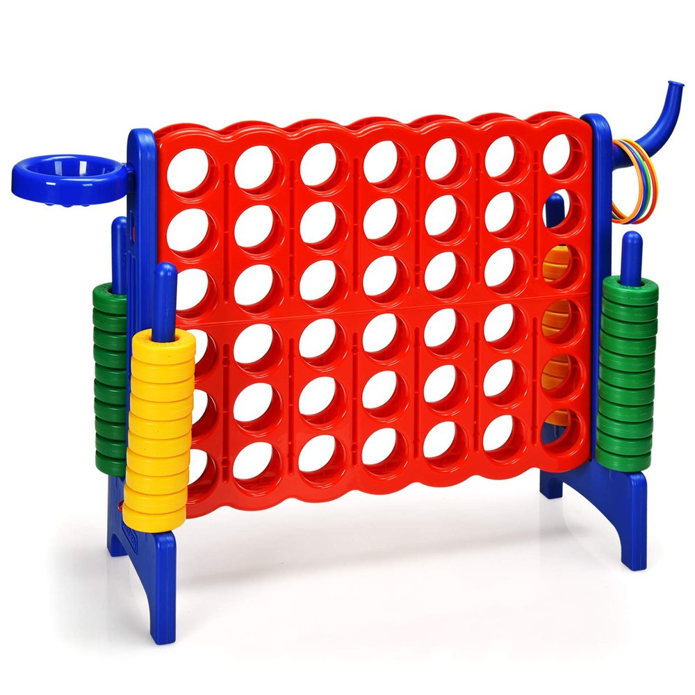 GLACER Giant 4-in-A-Row, Jumbo 4-to-Score Giant Game Set, Outdoor Connect-All-4 Game Set w/Basketball Hoop, Ring Toss, Quick-Release Slider, 42 Jumbo Rings, Backyard Games for Kids & Adults (Blue)