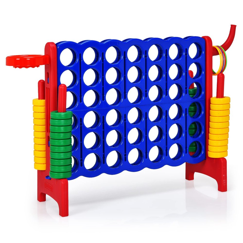 GLACER Giant 4-in-A-Row, Jumbo 4-to-Score Giant Game Set, Outdoor Connect-All-4 Game Set w/Basketball Hoop, Ring Toss, Quick-Release Slider, 42 Jumbo Rings, Backyard Games for Kids & Adults (Red)