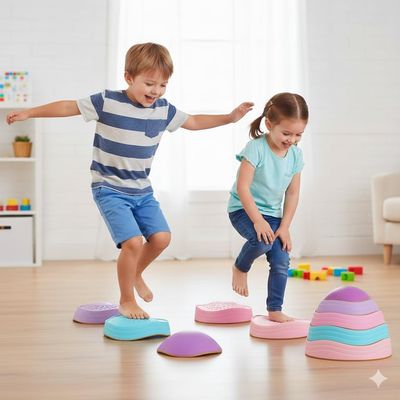 Special Supplies Stepping Stones for Kids, 5 Balance Indoor and Outdoor Blocks Promote Coordination, Balance, Strength, Child Safe Rubber, Non-Slip Edging, Stackable