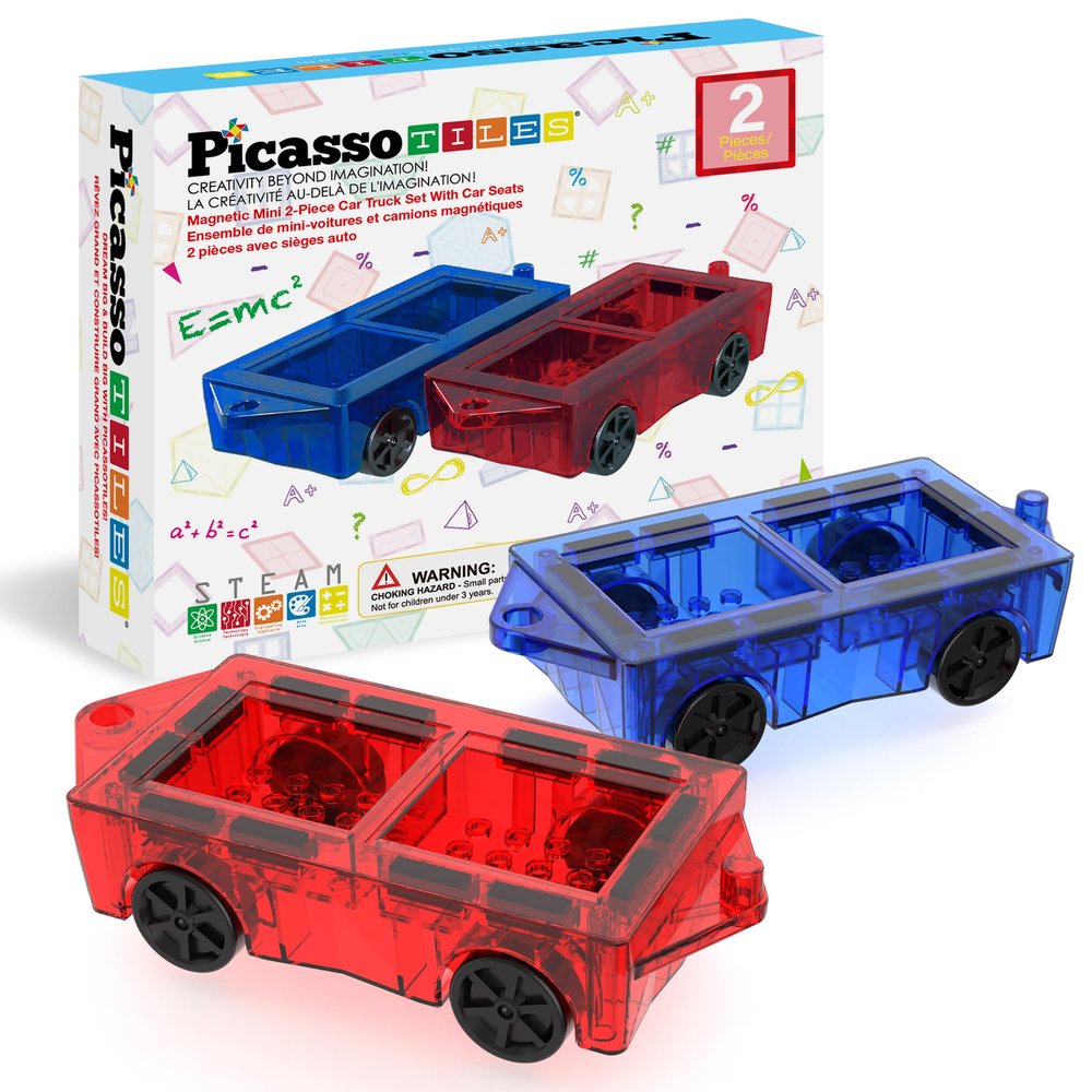 PicassoTiles 2 Piece Car Mini Truck Construction Kit Toy Set Vehicle for Magnetic Blocks Building Tile Sensory Magnet Toys Bricks STEM & Learning Educational School Puzzle Girls Boys Toddlers Ages 3+