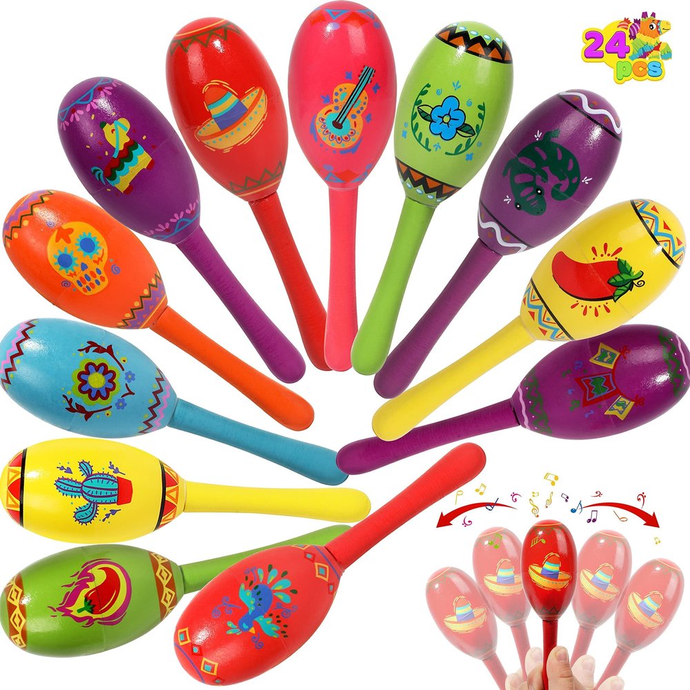 JOYIN 24 Pcs Cinco De Mayo Mini Wooden Maracas Musical Party Favors for Birthday Party Favors, Mexican Fiesta Decorations, Luau Photo Props, Carnivals Event, Taco Tuesday