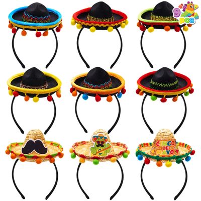 JOYIN Cinco De Mayo Fiesta 9 PCs Sombrero Headbands, Mexican Theme Party Decorations and Photo Props, Luau Event Supplies, Unique Designs, Small, Straw, Hand Wash Only, 14857, Costume Headwear
