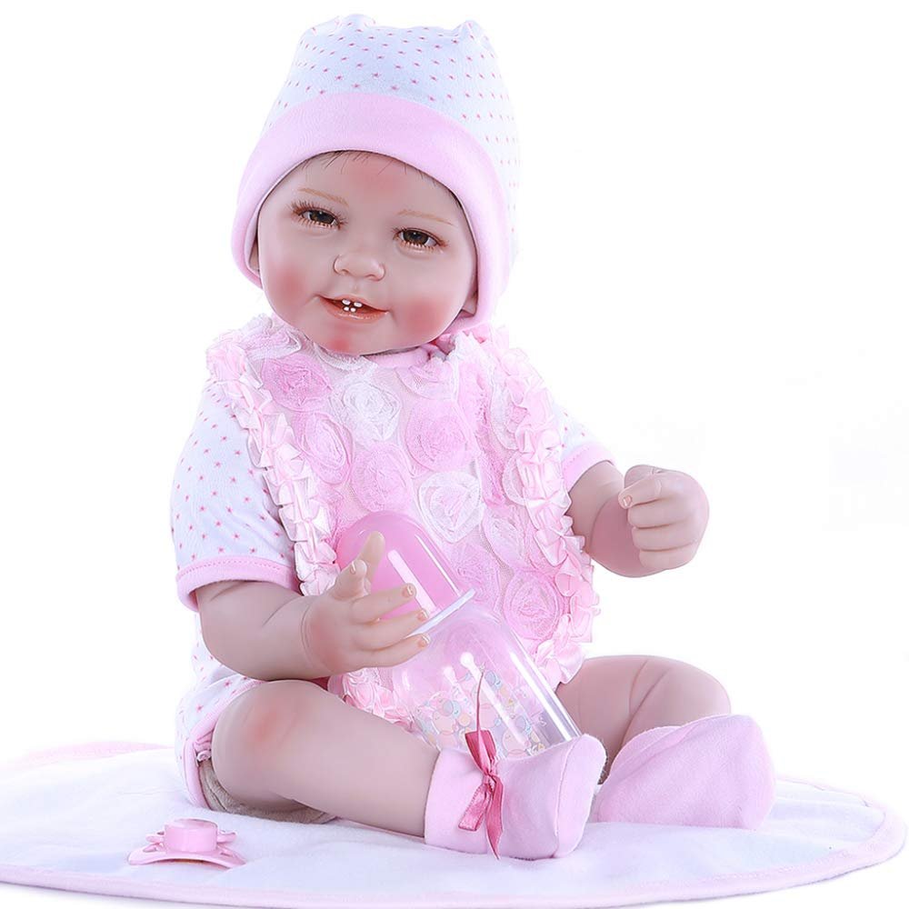 YIHANGG 55CM Realistic Reborn Baby Doll with 4 Teeth 0-3Month Real Baby Size Smile Newborn Doll Lifelike Soft Touch Weighted Body Doll Pink Dress