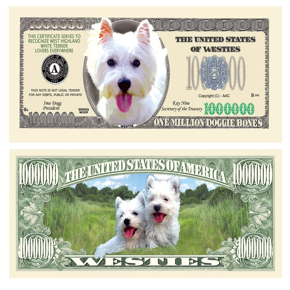 American Art Classics Pack of 100 - Westie Dog Million Dollar Bill - Best Gift for West Highland White Terrier Lovers