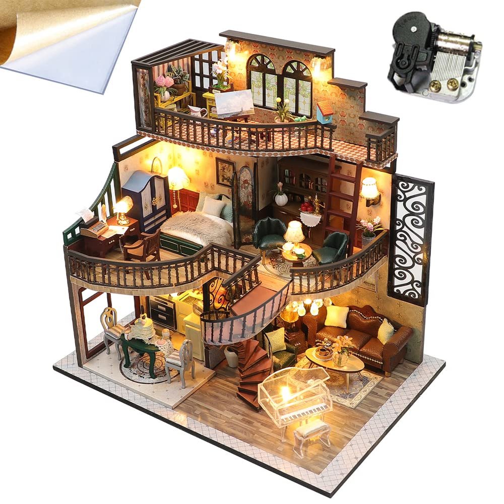 WonDerfulC DIY Assembled House Doll House 3D Wooden Miniature Doll House Furniture Toy Kit with Dustproof and Music Movement 1:24 Scale Creative Gift for Family and Friends