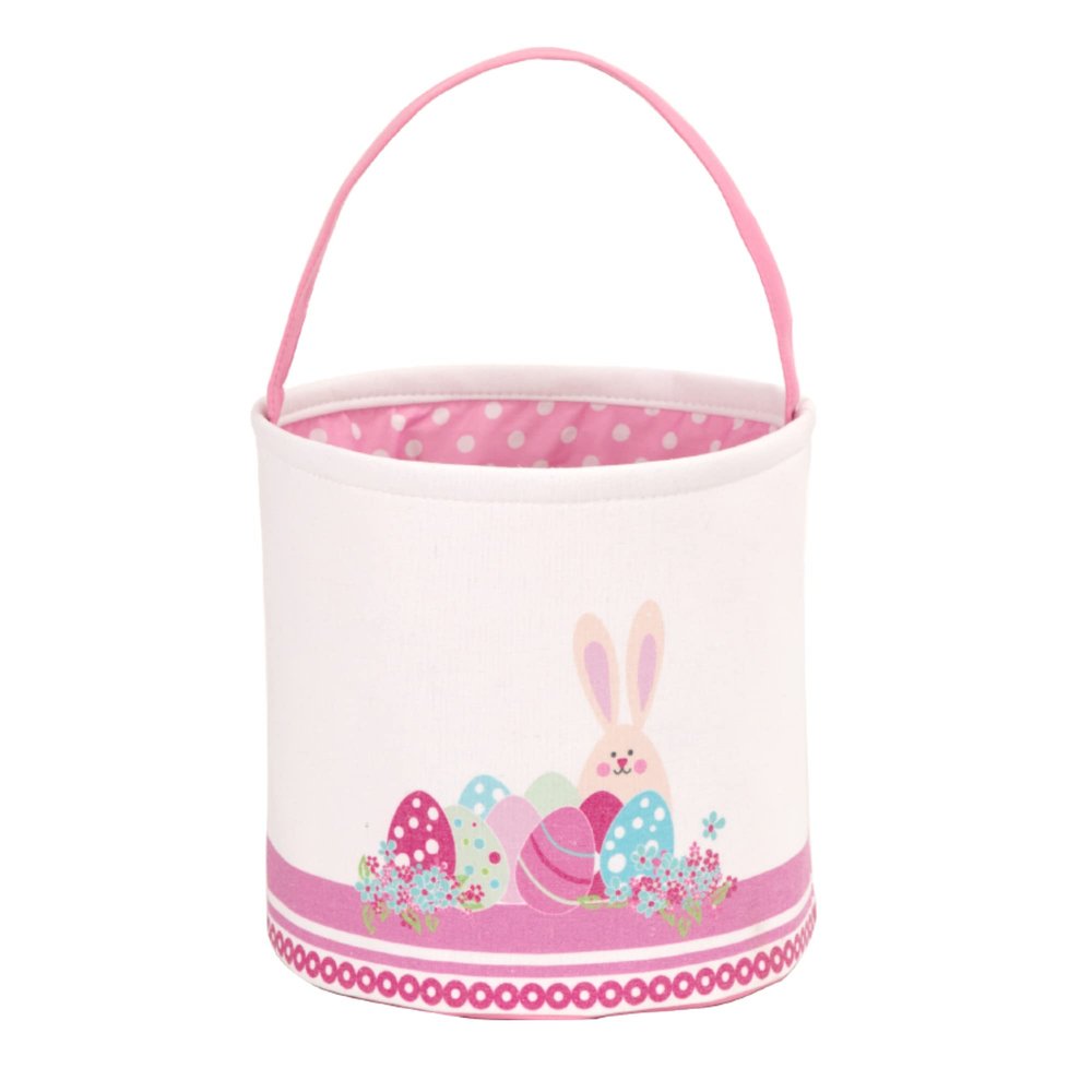 LessMo Easter Bunny Basket Egg Buckets, Pink Cute Personalized Canvas Cotton Tote Bags Egg Hunt Basket for Party Gifts