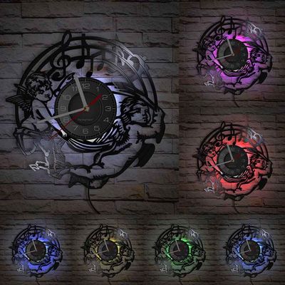Timethink Music Notes Vinyl Record Multi Color LED Lighting Wall Clock Guardian Baby Angels Silent Sweep Wall Watch for Kids Nursery Room Fairy Tale Fantasy Sign