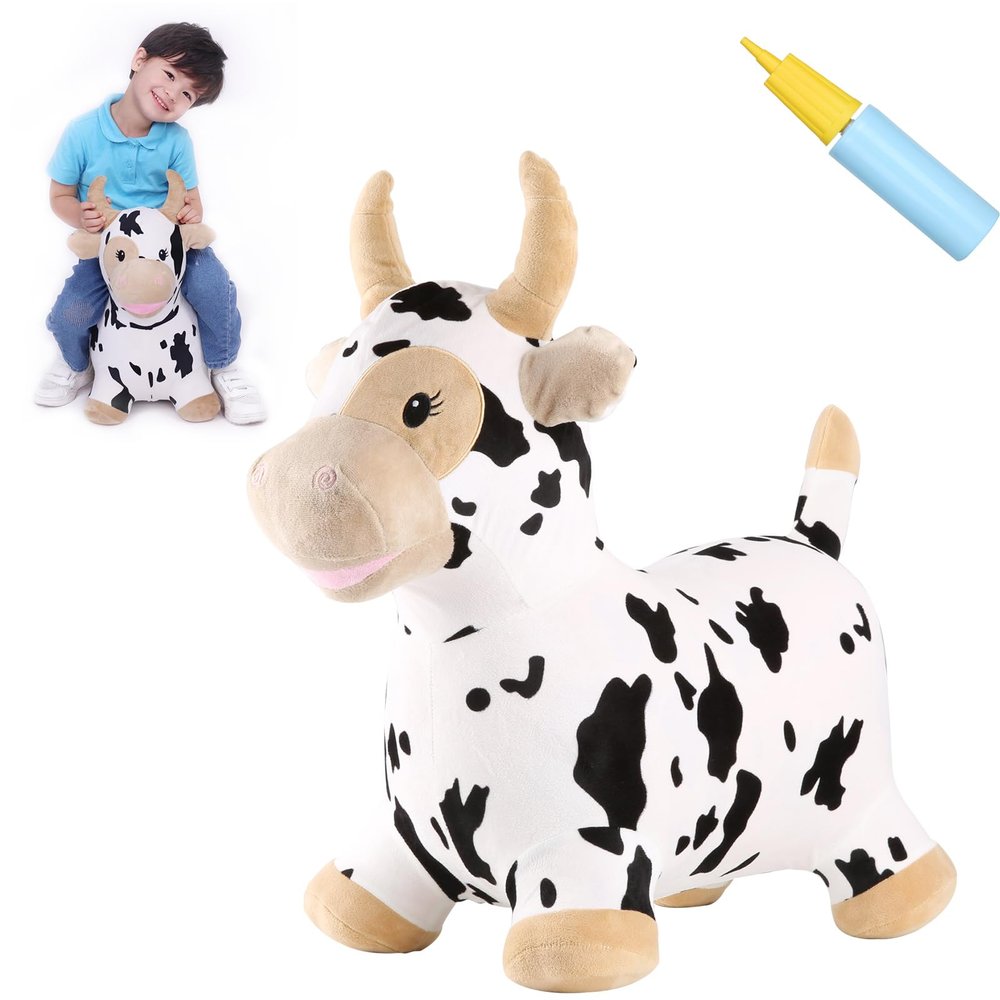 INPANY Bouncy Cow Farm Animal Hopper Toys, Toddler Plush Bouncing Inflatable Bouncer, Ride on Hopping Horse, Indoor Outdoor Cowboy Rodeo Birthday Party Decorations Gifts for 2 3 4 Year Old Girls Boys