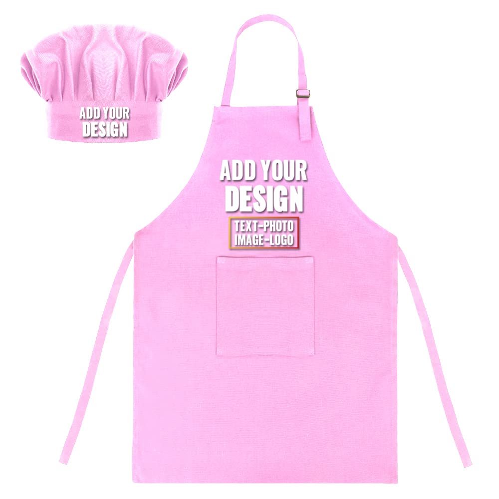 TopTie Custom Kids Apron and Chef Hat Set, Adjustable Cotton Child Cooking Kitchen Apron, S-XXL-Light Pink-XXL