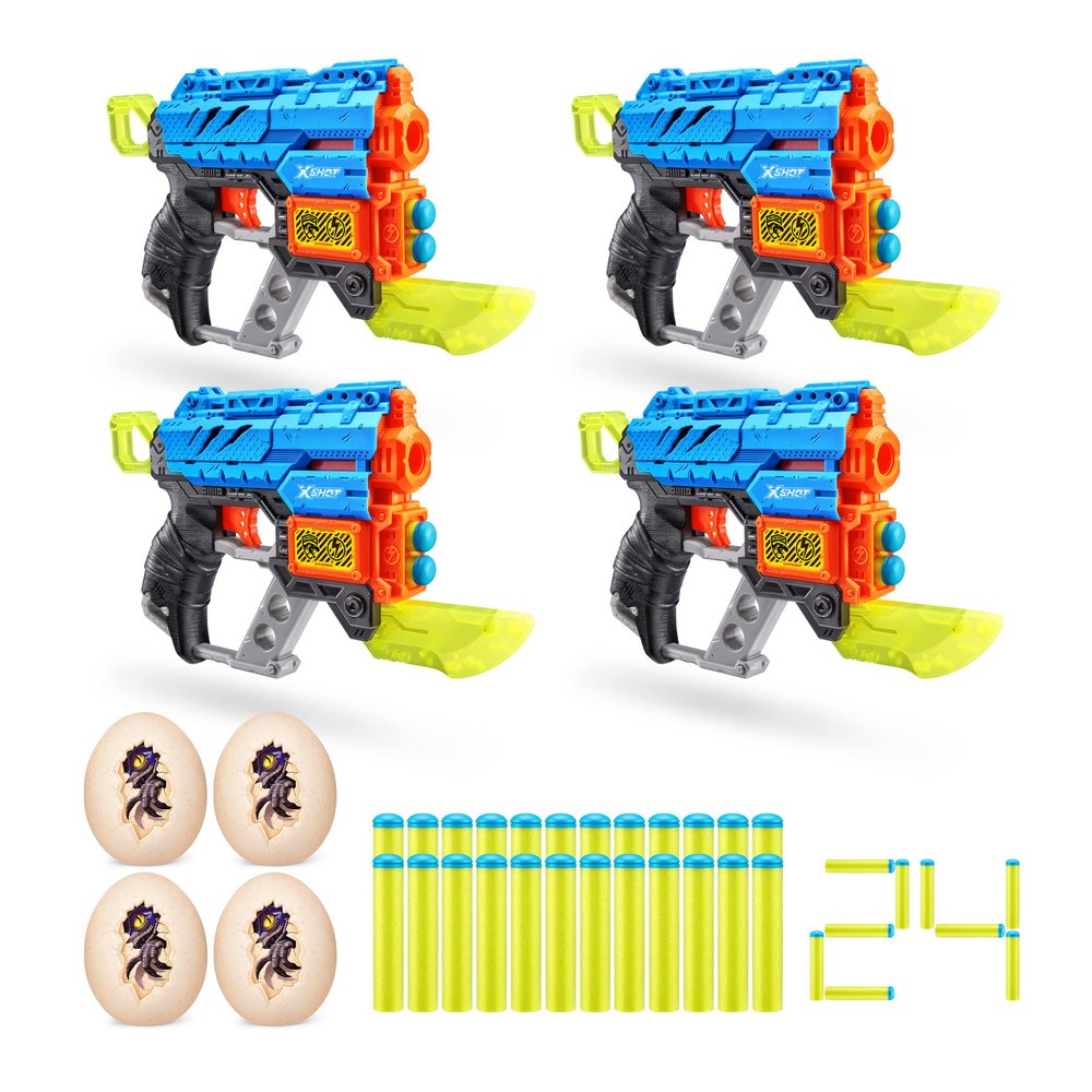 XSHOT Dino Attack Extinct (4 Pack + 24 Darts + 4 Shooting Targets) by ZURU, XSHOT Blue Foam Dart Blaster, Toy Blaster, Dinosaur Design Toys for Boys, Kids, Teens (Blue)