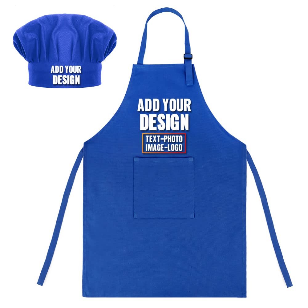 TopTie Custom Kids Apron and Chef Hat Set, Adjustable Cotton Child Cooking Kitchen Apron, S-XXL-Blue-XXL