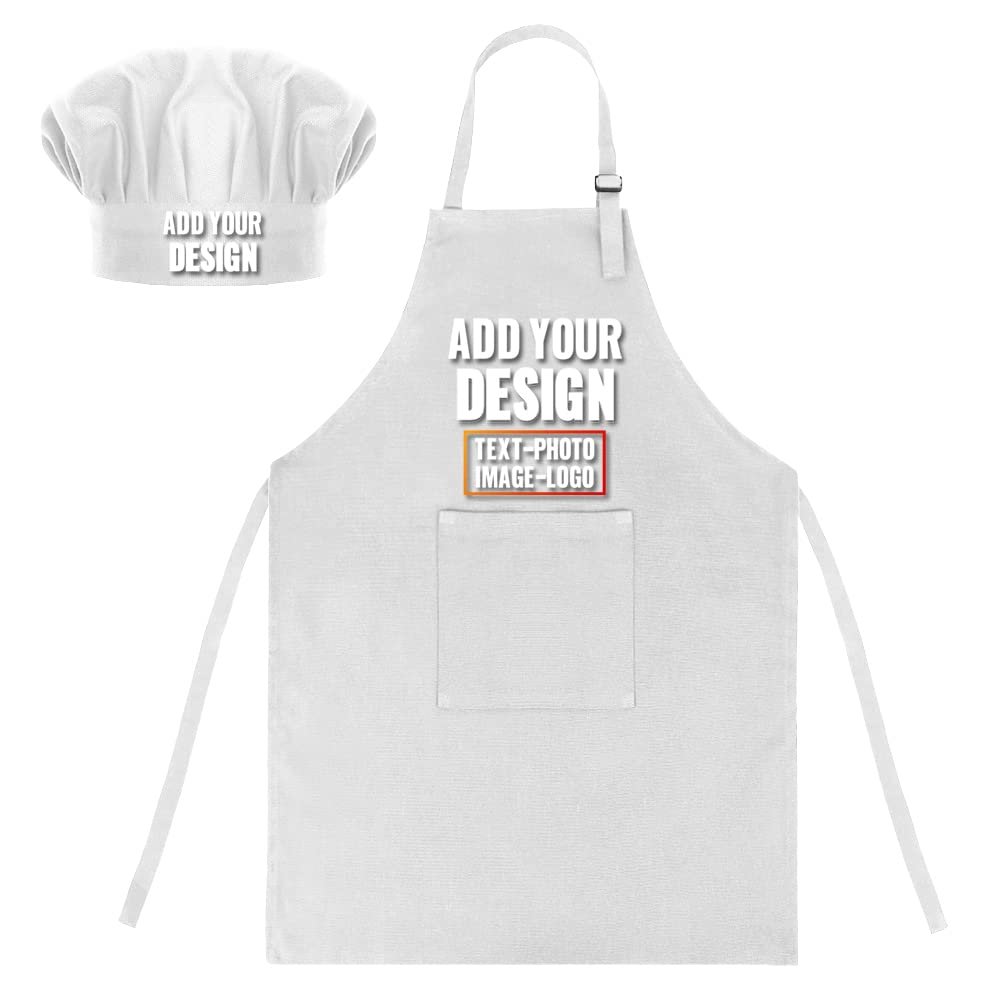 TopTie Custom Kids Apron and Chef Hat Set, Adjustable Cotton Child Cooking Kitchen Apron, S-XXL-White-S