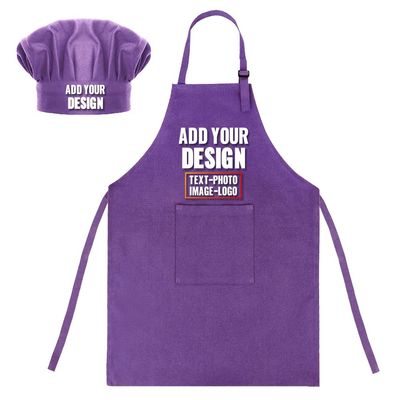 TopTie Custom Kids Apron and Chef Hat Set, Adjustable Cotton Child Cooking Kitchen Apron, S-XXL-Purple-L