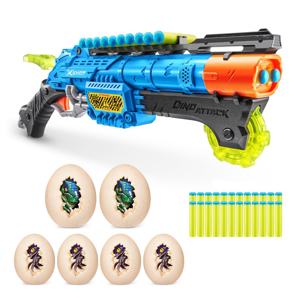 XSHOT Dino Attack Claw Hunter (24 Darts + 4 Shooting Targets) by ZURU, XSHOT Blue Foam Dart Blaster, Toy Blaster, Shotgun Style, Twin Barrel, Dinosaur Design Toys for Boys, Kids, Teens (Blue)