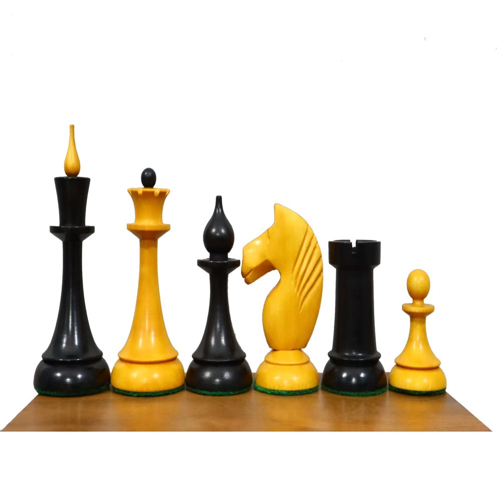 1950's Soviet Latvian Reproduced Weighted Chess Set in Ebonised Boxwood & Antiqued Boxwood- Russian USSR Weighted Chess Pieces Only|4.1" King