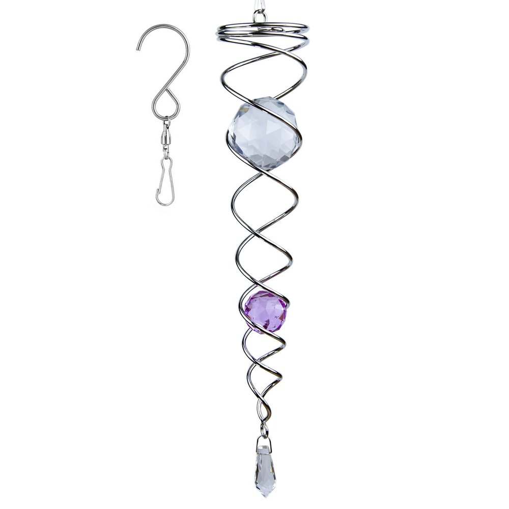 12 inch Gazing Ball Spiral Tail, Prefdo Stainless Steel Wind Spinner Stabilizer with 2 Glass Balls Prism and Hanging Swivel Hook for Outdoor Yard Garden Decoration(Purple)