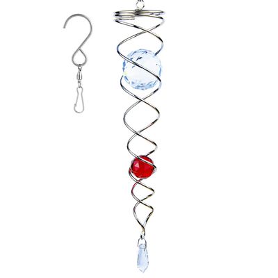 12 inch Gazing Ball Spiral Tail, Prefdo Stainless Steel Wind Spinner Stabilizer with 2 Glass Balls Prism and Hanging Swivel Hook for Outdoor Yard Garden Decoration(Red)