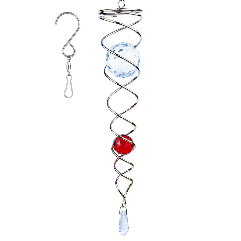 12 inch Gazing Ball Spiral Tail, Prefdo Stainless Steel Wind Spinner Stabilizer with 2 Glass Balls Prism and Hanging Swivel Hook for Outdoor Yard Garden Decoration(Red)