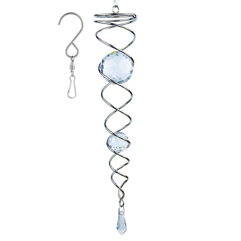 12 inch Gazing Ball Spiral Tail, Prefdo Stainless Steel Wind Spinner Stabilizer with 2 Glass Balls Prism and Hanging Swivel Hook for Outdoor Yard Garden Decoration(Clear)