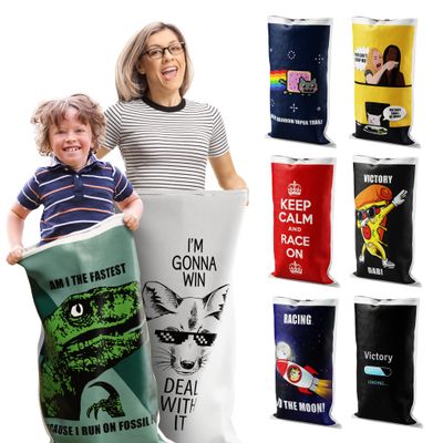 Potato Sack Race Bags | Yard Games | Durable, Interwoven Plastic | Fun, Meme Designs | Family Games For Kids And Adults | Party Supplies | Easter, BBQ, Picnic, Holiday | Set Of 8 | 23 x 40