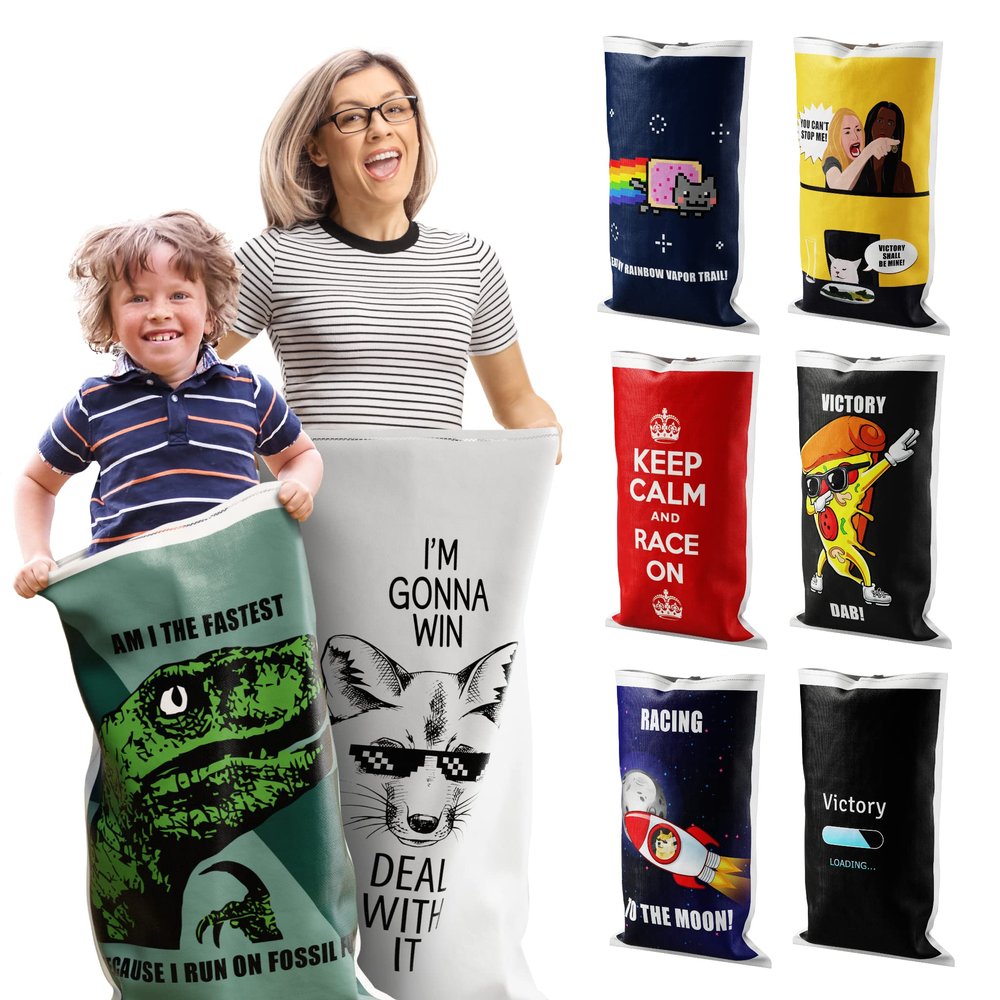Potato Sack Race Bags | Yard Games | Durable, Interwoven Plastic | Fun, Meme Designs | Family Games For Kids And Adults | Party Supplies | Easter, BBQ, Picnic, Holiday | Set Of 8 | 23 x 40