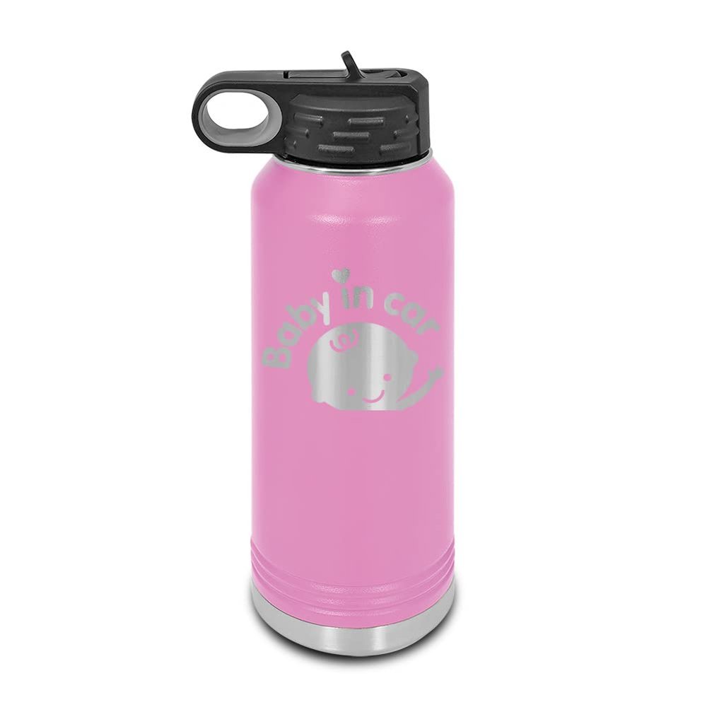Baby in car Laser Engraved Water Bottle Customizable Polar Camel Stainless Steel with Straw - on board kids family safety warning sign Light Purple 32 oz