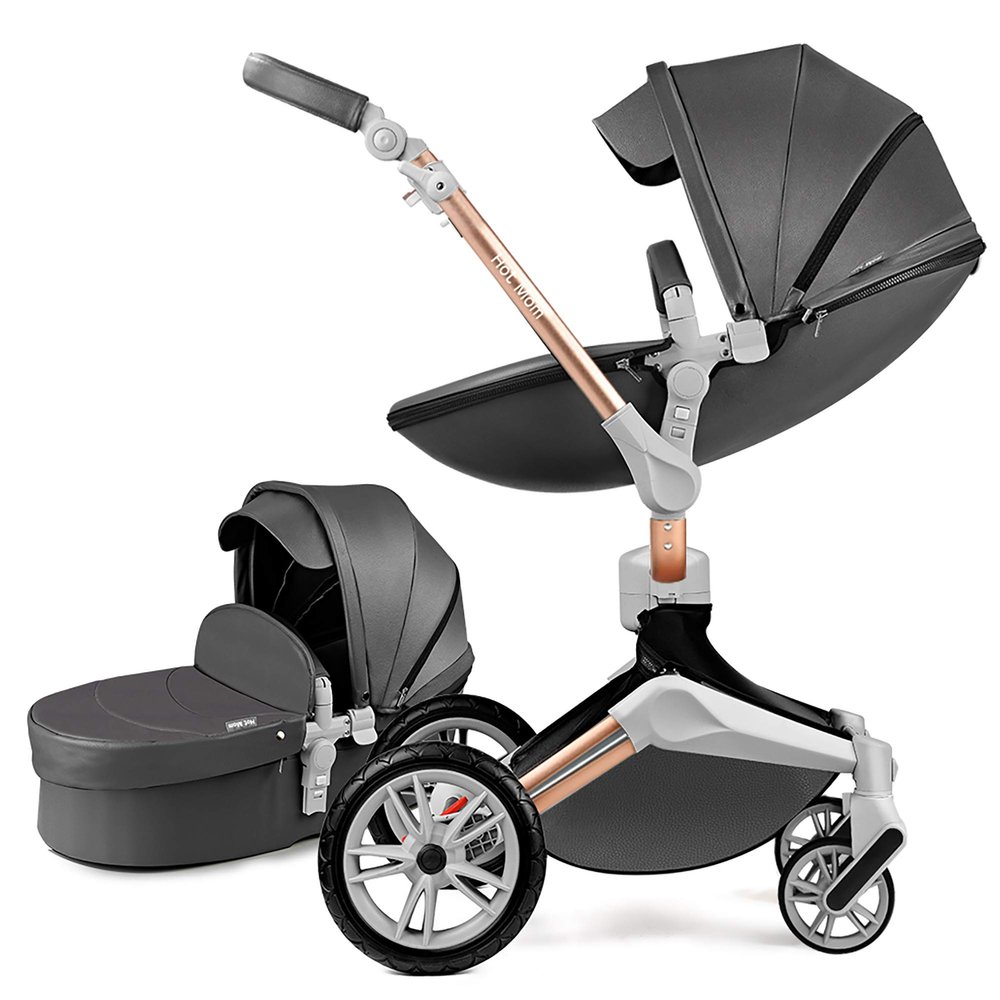 360 Degree Rotation Baby Stroller/Carriage, PU Leather Pushchair Pram, 2022 (F023) (F023 Black)