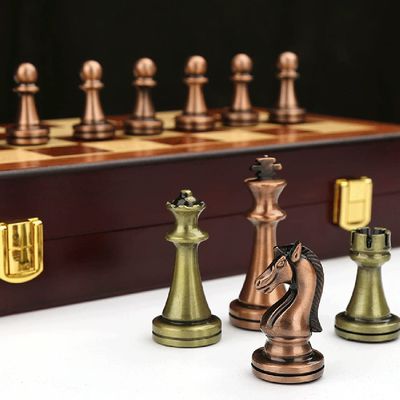 LANGWEI Chess Sets for Adults, Professional Chess Set with Retro Metal Chess Pieces and Wooden Folding Chess Board, Portable Travel Game Gift for Kids Adult