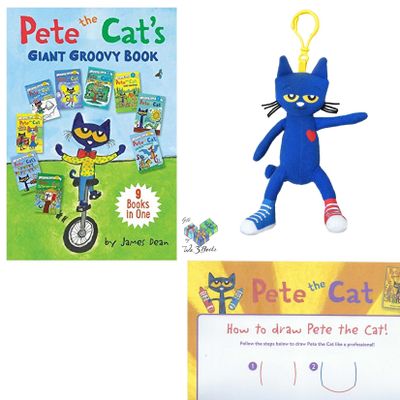 Pete The Cat Book Collection by James Dean (I Can Read), MerryMakers Backpack Pull Plush Doll, Gift Book Bag, and Learn to Draw Page (Educational Gift Set with Action, Humor and Learning to Read)