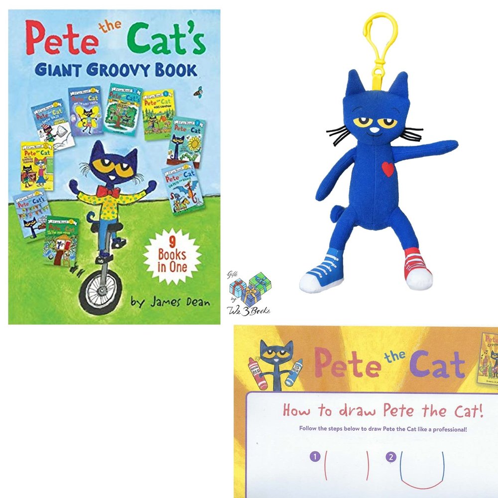 Pete The Cat Book Collection by James Dean (I Can Read), MerryMakers Backpack Pull Plush Doll, Gift Book Bag, and Learn to Draw Page (Educational Gift Set with Action, Humor and Learning to Read)